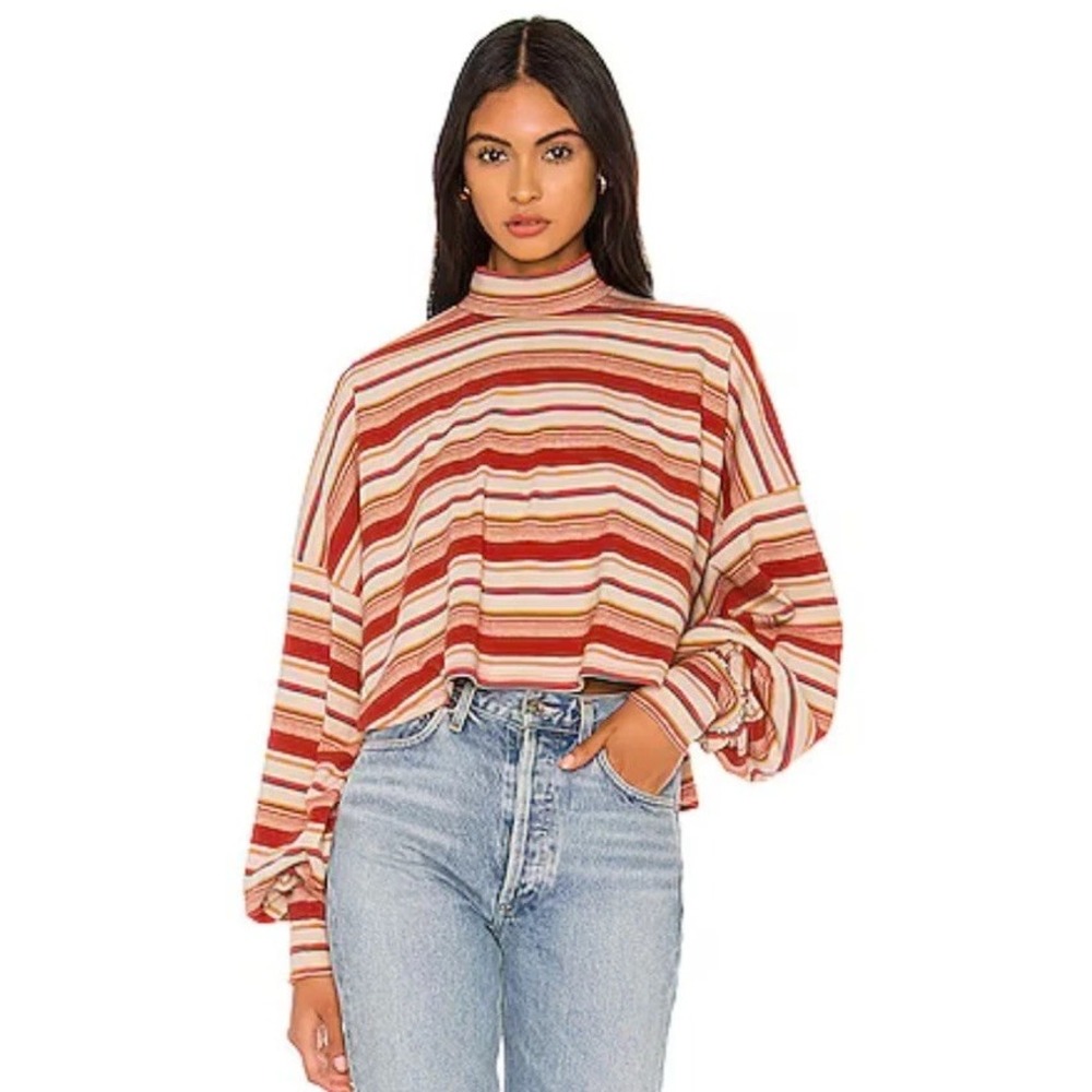 Free People Cropped Top Size XS Oversized Mock Neck Balloon Sleeve Steph Stripe